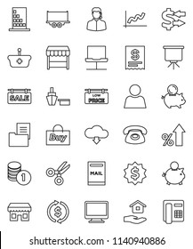thin line vector icon set - house hold vector, scissors, presentation, exchange, graph, percent growth, piggy bank, coin stack, dollar medal, truck trailer, port, notebook network, cloud download