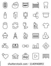 thin line vector icon set - soap vector, water tap, toaster, bbq, drawing compass, presentation, graph, board, calendar, t shirt, molecule, bottle, stadium, tulip, warehouse, weight, flammable, crib
