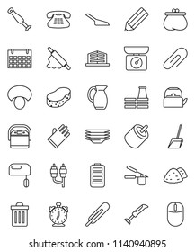 thin line vector icon set - scoop vector, sponge, trash bin, rubber glove, plates, garbage pile, kettle, cook press, rolling pin, jug, mushroom, pencil, alarm clock, calendar, classic phone, battery