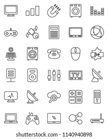 thin line vector icon set - washer vector, calculator, notebook pc, magnet, satellite, sorting, antenna, gamepad, settings, equalizer, tv, monitor, classic phone, speaker, diagnostic, connection