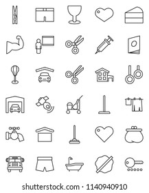 thin line vector icon set - cleaner trolley vector, mop, clothespin, water tap, splotch, bath, drying clothes, cake, blackboard, scissors, school bus, punching bag, muscule hand, shorts, glass