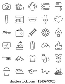 thin line vector icon set - fetlock vector, bucket, iron, toilet paper, plates, pencil, microscope, constellation, wallet, tie, medal, earth, port, flammable, camera, heart, pills, eye doctor hat
