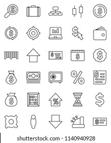 thin line vector icon set - abacus vector, exchange, dollar coin, japanese candle, laptop graph, wallet, percent growth, money bag, case, check, search, target, man, sand clock, arrow down, up, safe