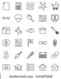 thin line vector icon set - window cleaning vector, welcome mat, skimmer, cutting board, mushroom, calculator, personal information, dollar medal, flag, monitor, sign, skateboard, calendar, cereals