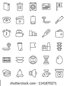 thin line vector icon set - trash bin vector, washer, washing powder, kettle, knife, plates, egg, bell, alarm clock, flag, wallet, sand, dollar, hoop, traffic light, calendar, sorting, big scales