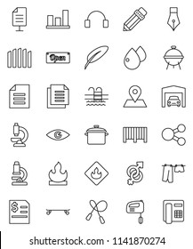 thin line vector icon set - drying clothes vector, pan, bbq, pen, pencil, microscope, document, graph, annual report, jump rope, skateboard, pool, map pin, flammable, headphones, eye, gender sign