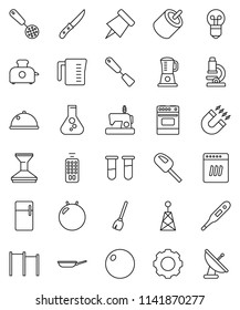thin line vector icon set - broom vector, car fetlock, pan, measuring cup, skimmer, spatula, knife, oven, dish, microscope, paper pin, magnet, flask, horizontal bar, fitball, antenna, remote control