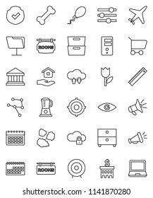 thin line vector icon set - house hold vector, garbage pile, ruler, archive, bank, building, target, calendar, bone, plane, tulip, protected, eye, sperm, network, folder, cloud lock, exchange, cart