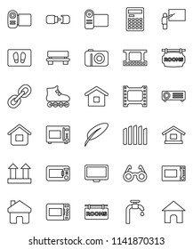thin line vector icon set - welcome mat vector, microwave oven, pen, blackboard, glasses, calculator, roller Skates, top sign, film frame, monitor, link, home, bench, connection, water supply, fence