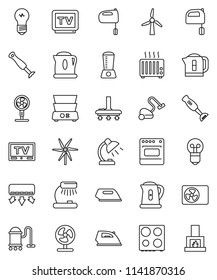 thin line vector icon set - vacuum cleaner vector, iron, kettle, mixer, oven, double boiler, blender, table lamp, tv, windmill, ari condition, air conditioner, fan, heater, bulb, fireplace