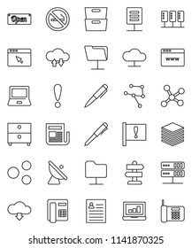thin line vector icon set - pen vector, notebook pc, archive, personal information, laptop graph, no smoking, signpost, attention, satellite antenna, newspaper, network, server, folder, cloud, share