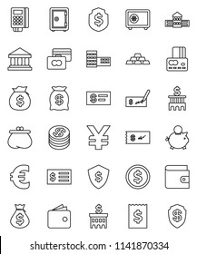 thin line vector icon set - school building vector, bank, dollar coin, credit card, wallet, money bag, piggy, check, receipt, shield, safe, euro sign, yen, gold ingot, reader