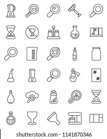 thin line vector icon set - scraper vector, window cleaning, shining, oil, measuring cup, hand mill, spices, jar, magnifier, flask, no alcohol sign, glass, cargo search, sand clock, potion, cloud