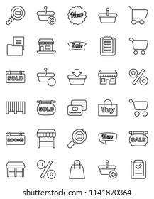 thin line vector icon set - cart vector, office, cargo search, estate document, sale signboard, rooms, sold, credit card, new, shopping bag, percent, market, store, buy, barcode, basket, list