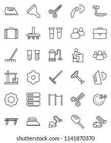 thin line vector icon set - scraper vector, vacuum cleaner, rake, iron, steaming, student, case, horizontal bar, big scales, group, vial, scissors, data, gear, construction crane, 24 hour