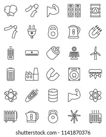 thin line vector icon set - kettle vector, atom, magnet, weight, hand trainer, muscule, boxing glove, oil barrel, remote control, battery, rca, solar panel, windmill, air conditioner, factory