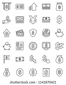 thin line vector icon set - exchange vector, dollar coin, cash, money bag, piggy bank, investment, growth, receipt, medal, flag, shield, monitor, cursor, yen sign