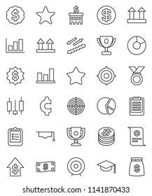 thin line vector icon set - graduate hat vector, clipboard, award cup, certificate, graph, pie, japanese candle, dollar growth, bank building, target, medal, cent sign, stairways run, top, favorites