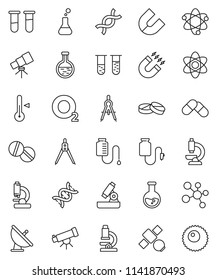 thin line vector icon set - thermometer vector, drawing compass, atom, telescope, microscope, magnet, flask, molecule, oxygen, satellite, antenna, vial, dna, pills, drop counter, ovule