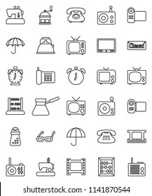 thin line vector icon set - kettle vector, hand mill, turk coffee, glasses, alarm clock, abacus, phone, umbrella, film frame, radio, tv, classic, closed, video camera, sewing machine