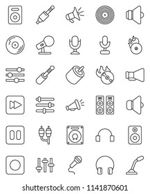 thin line vector icon set - disk vector, music hit, microphone, speaker, loudspeaker, settings, headphones, pause button, forward, rec, rca, jack, equalizer