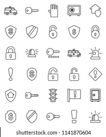 thin line vector icon set - rubber glove vector, dollar shield, safe, attention, traffic light, amkbulance car, lock, unlock, key, sign, siren, home protect, password