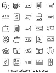 thin line vector icon set - credit card vector, cash, coin stack, check, receipt, dollar calendar, money, wallet, reader, tap pay