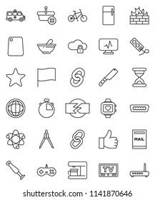 thin line vector icon set - knife vector, cutting board, drawing compass, atom, world, flag, stopwatch, bike, heart monitor, tv, link, finger up, favorites, hdmi, sand clock, mortar, amkbulance car