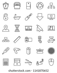 thin line vector icon set - bath vector, shining window, toilet paper, cook press, rolling pin, double boiler, sieve, ruler, calculator, alarm clock, sand, arrow down, hierarchy, heart monitor, map