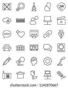 thin line vector icon set - phone 24 vector, sea container, wood box, dry cargo, tulip, cinema clap, microphone, antenna, tv, dialog, speaking man, heart cross, syringe, diagnostic monitor, bandage