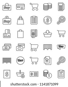 thin line vector icon set - dollar coin vector, cart, credit card, stack, receipt, estate document, search, new, shopping bag, buy, barcode, reader, basket, list