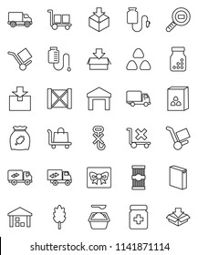 thin line vector icon set - washing powder vector, cereal, pasta, delivery, wood box, cargo, no trolley, hook, warehouse, package, search, pills bottle, drop counter, relocation truck, gift