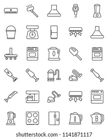 thin line vector icon set - vacuum cleaner vector, bucket, kettle, scales, oven, blender, air conditioner, fridge, coffee maker, hood