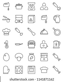 thin line vector icon set - pan vector, kettle, scales, cook hat, glove, press, whisk, spatula, ladle, mixer, toaster, oven, double boiler, blender, thermometer, jug, dish, cereal, egg, mushroom