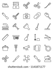 thin line vector icon set - scraper vector, broom, fetlock, rake, car, iron, toilet brush, pan, measuring cup, cook press, whisk, spatula, double boiler, ruler, telescope, first aid kit, crutches