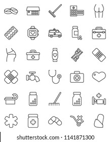 thin line vector icon set - rake vector, water tap, pills vial, buttocks, heart monitor, first aid kit, no trolley, doctor bag, ambulance star, crutches, patch, stethoscope, bottle, blister, bandage