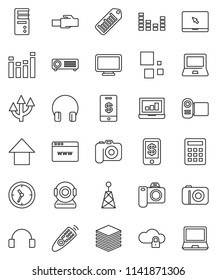 thin line vector icon set - notebook pc vector, laptop graph, arrow up, clock, barcode, camera, antenna, equalizer, remote control, headphones, cloud lock, big data, browser, lan connector, loading