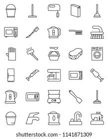 thin line vector icon set - plunger vector, water tap, vacuum cleaner, fetlock, mop, bucket, sponge, car, washing powder, rubber glove, kettle, spatula, microwave oven, double boiler, blender, mixer
