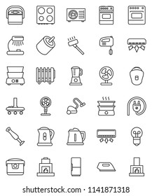 thin line vector icon set - vacuum cleaner vector, kettle, oven, double boiler, table lamp, rca, air conditioner, ari condition, fridge, power plug, iron, mixer, multi cooker, blender, epilator, fan