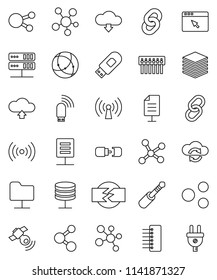 thin line vector icon set - molecule vector, satellitie, social media, link, jack, connection, network, folder, server, cloud exchange, big data, browser, hub, usb modem, share, upload, download