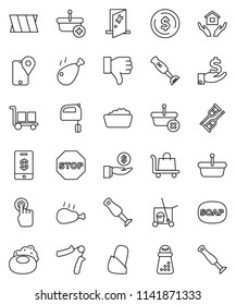 thin line vector icon set - soap vector, cleaner trolley, foam basin, house hold, hand mill, mixer, blender, chicken leg, dollar coin, investment, trainer, traking, cargo, touchscreen, finger down