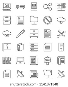 thin line vector icon set - pen vector, notebook pc, document, archive, personal information, laptop graph, binder, prohibition sign, signpost, attention, satellite antenna, newspaper, network