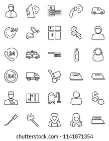 thin line vector icon set - vacuum cleaner vector, fetlock, car, iron, steaming, cleaning agent, shining window, woman, dollar cursor, phone 24, support, delivery, doctor, hospital building, hour