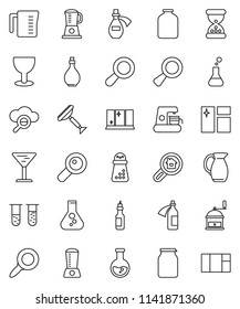 thin line vector icon set - scraper vector, window cleaning, shining, oil, measuring cup, hand mill, jug, jar, magnifier, flask, glass, vial, sand clock, potion, cloud, search estate, coffee maker