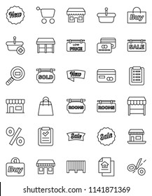 thin line vector icon set - office vector, cargo search, estate document, sale signboard, rooms, sold, low price, credit card, new, shopping bag, percent, market, store, buy, barcode, basket, cart