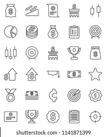 thin line vector icon set - graduate hat vector, clipboard, award cup, certificate, pie graph, japanese candle, money bag, dollar growth, bank building, target, medal, cent sign, stairways run, coin