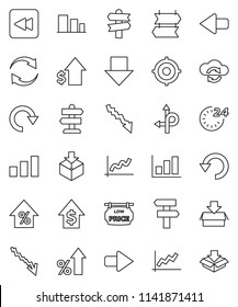 thin line vector icon set - graph vector, crisis, percent growth, dollar, target, arrow down, route, signpost, package, sorting, backward button, cloud exchange, refresh, redo, undo, 24 hour