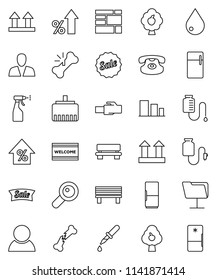 thin line vector icon set - water drop vector, welcome mat, sprayer, percent growth, consolidated cargo, top sign, sorting, classic phone, magnifier, dropper, broken bone, counter, network folder