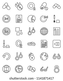 thin line vector icon set - toilet brush vector, glasses, personal information, pie graph, pills, no fastfood, gymnast rings, oxygen, earth, music hit, backward button, undo, loading, globe, 24 hour