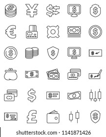 thin line vector icon set - exchange vector, dollar coin, japanese candle, credit card, wallet, cash, stack, check, shield, monitor, any currency, euro sign, pound, yen, money